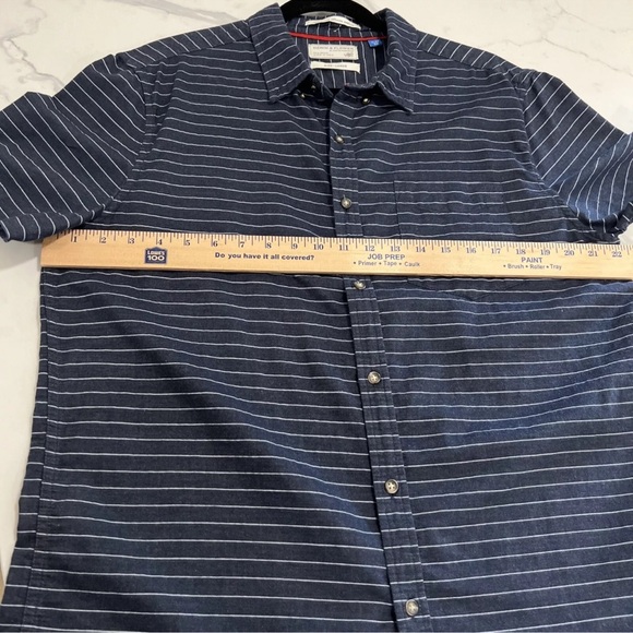 Denim & Flower Mens Casual Button Up Shirt Navy Striped Short Sleeve Slim Fit L - Picture 9 of 11